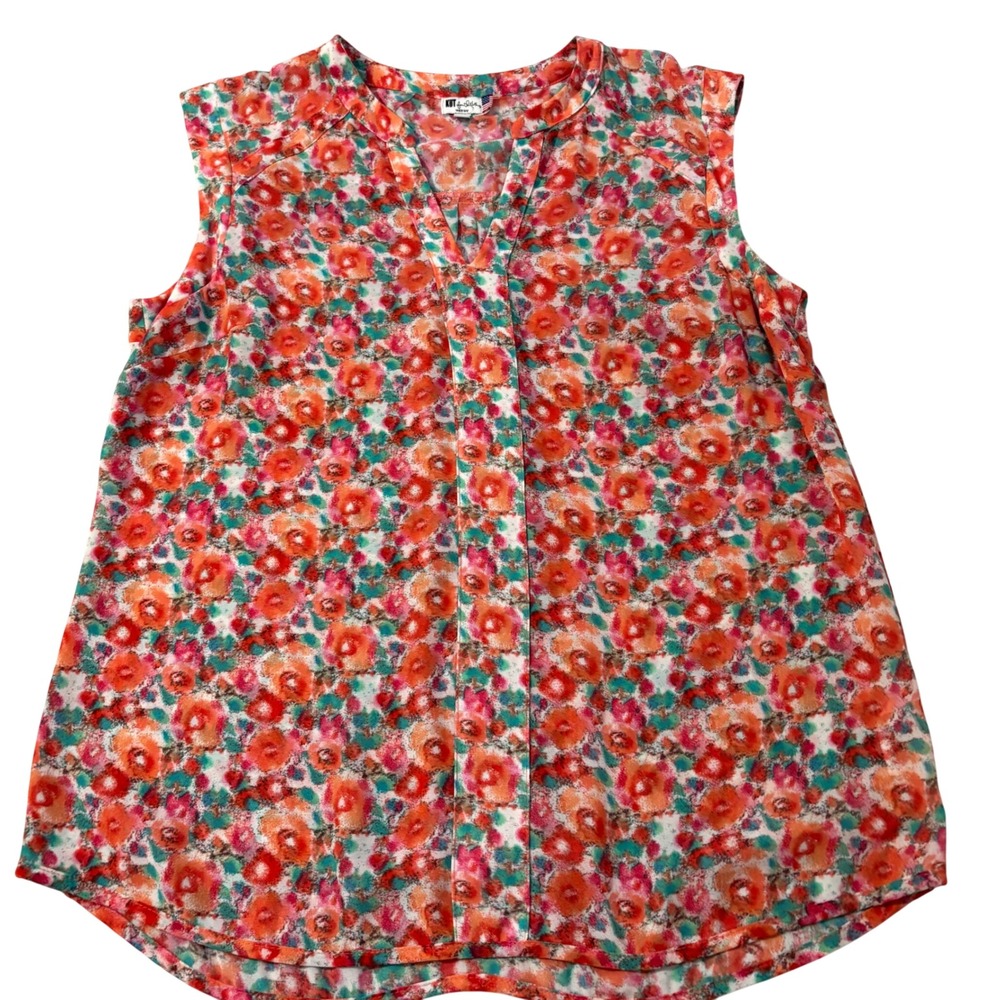 KUT from the Kloth Womens Floral Sleeveless V-Neck Blouse Orange Pink M M